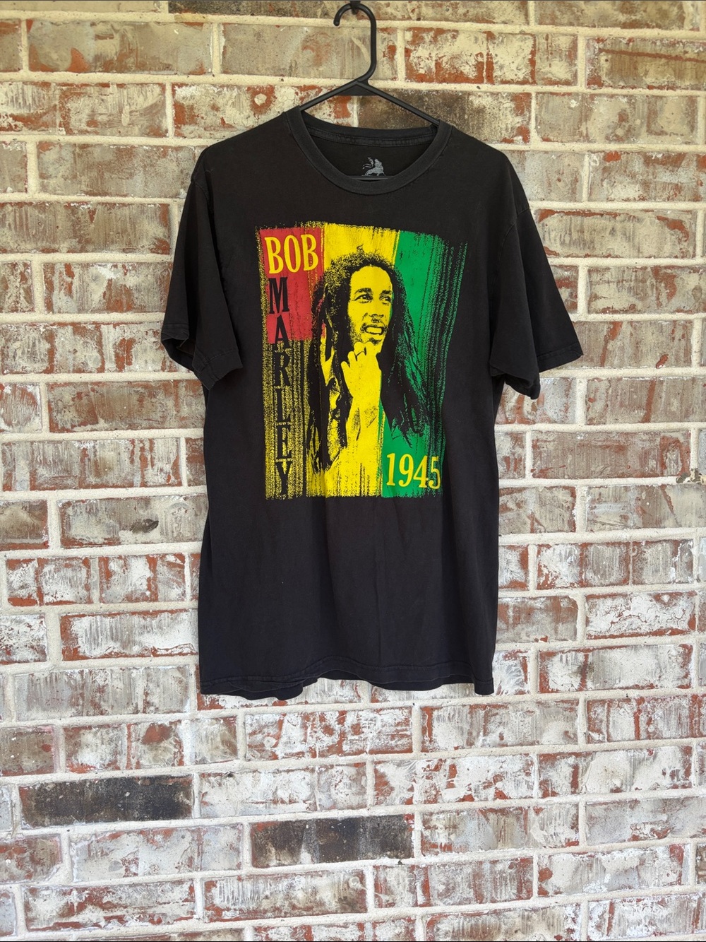 Zion Rootswear Black Bob Marley Graphic Tee with Red/Yellow/Green Print